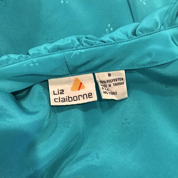Vintage Liz Claiborne Button Up V Neck Ruffle Blouse Embossed Turquoise - Picture 8 of 12